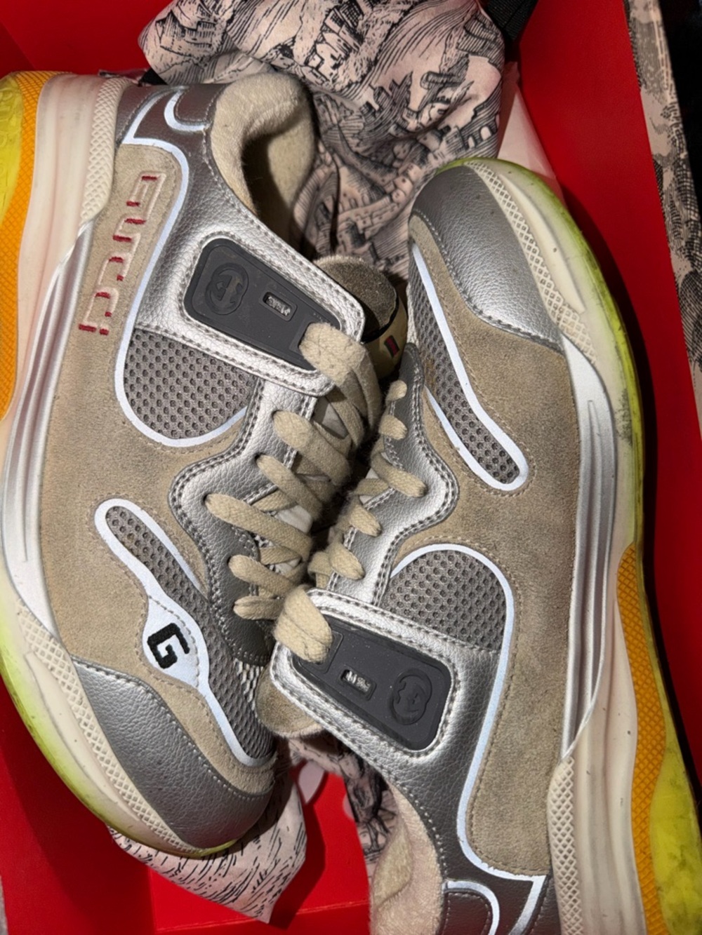 Gucci Men's Silver, Taupe & Yellow Athletic Sneakers